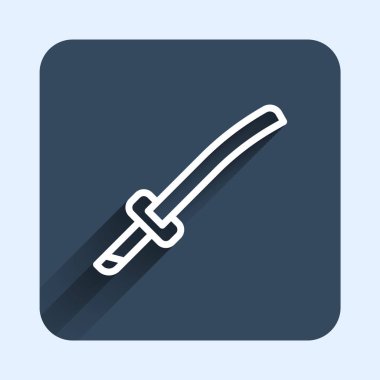 Beyaz çizgi Geleneksel Japon katana simgesi uzun gölge arkaplan izole. Japon kılıcı. Mavi kare düğme. Vektör