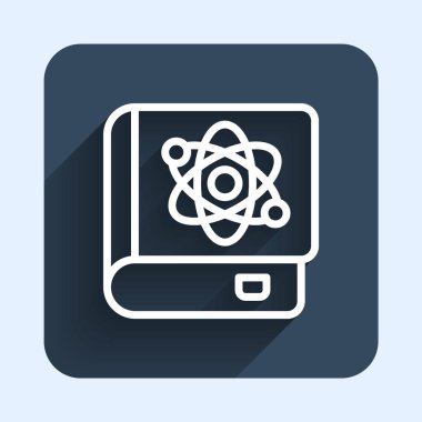 Fizik ikonu hakkındaki beyaz çizgi kitabı uzun gölgeli arka planda izole edilmiş. Mavi kare düğme. Vektör