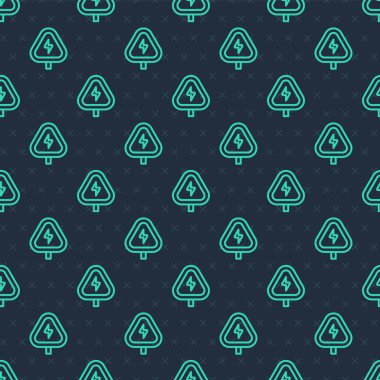 Yeşil çizgi yüksek gerilim işareti simgesi mavi arka planda izole edilmiş pürüzsüz desen. Tehlike sembolü. Üçgendeki ok. Uyarı simgesi. Vektör