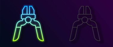 Parlayan neon hattı pense aracı simgesi siyah arkaplanda izole edildi. Pense endüstriyel mekanik su tesisatında çalışıyor. Vektör