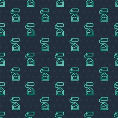 Yeşil çizgi çay poşeti ikonu mavi arka planda izole edilmiş pürüzsüz desen. Vektör