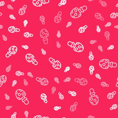 Beyaz çizgi Amanita muscaria ya da agarik halüsinojenik mantar mantar ikonu kırmızı arkaplanda izole edilmiş dikişsiz desen. Benekli zehirli mantar. Vektör