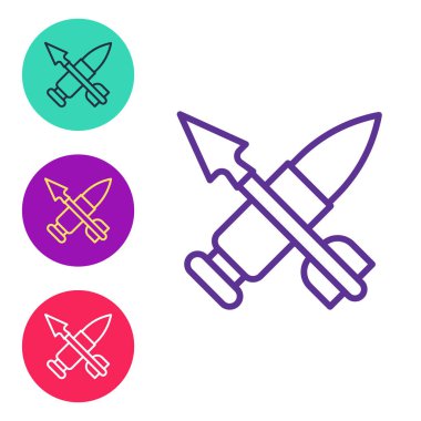 Beyaz zemin üzerinde ok simgesi olan çizgi çapraz mermiyi ayarlayın. Simgeleri renklendirin. Vektör