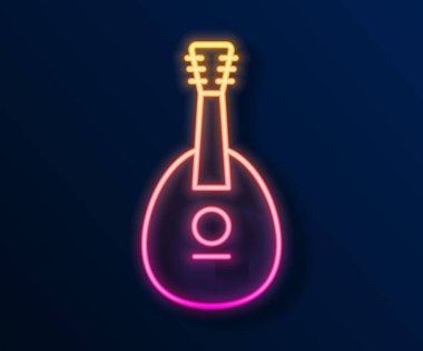 Parlayan neon hattı Geleneksel müzik aleti mandolin ikonu siyah arkaplanda izole edildi. Vektör