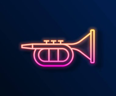 Parlayan neon hattı Trompet simgesi siyah arkaplanda izole edildi. Müzik aleti. Vektör