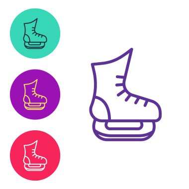 Çizgi Patenleri simgesini beyaz arkaplanda izole et. Buz pateni ayakkabısı ikonu. Kılıçlı spor botlar. Simgeleri renklendirin. Vektör