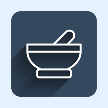 Beyaz çizgi cadı kazan ikonu uzun gölge arkaplan izole. Mutlu Cadılar Bayramı Partisi. Mavi kare düğme. Vektör