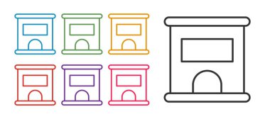 Bilet gişesini, beyaz arka planda izole edilmiş tren ya da uçak ikonu için bilet almaya ayarla. Bilet alıyorum. Bilet servisi. Simgeleri renklendirin. Vektör