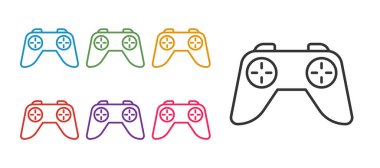 Oyun konsolu simgesi için oyun konsolu denetleyicisini veya joystick 'i beyaz arkaplanda izole et. Simgeleri renklendirin. Vektör
