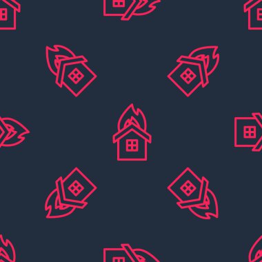 Yanan ev ikonunda kırmızı çizgi yangını siyah arka planda izole edilmiş pürüzsüz desen. Sigorta konsepti. Güvenlik, güvenlik, koruma, konsept koruma. Vektör