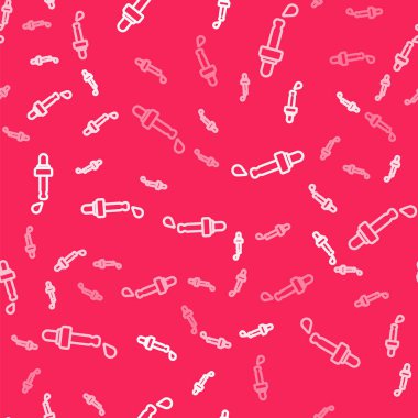 Petrol ikonlu beyaz çizgi Pipette kırmızı arka planda izole edilmiş pürüzsüz desen. Organik aromaterapi özü. Cilt bakımı serumu cam bırakma paketi. Vektör