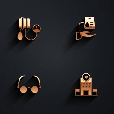 Kan basıncını, bağışı, gözlük ve hastane binası ikonunu ayarlayın. Vektör