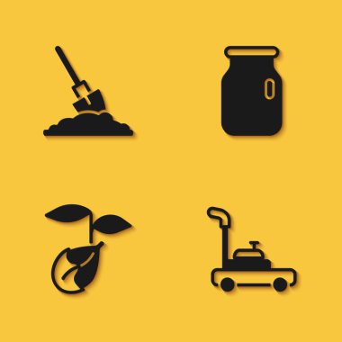 Küreği yere koyun, çim biçme makinesi, filiz ve cam kavanozu uzun gölgeli vida kapağı ikonuyla birlikte. Vektör