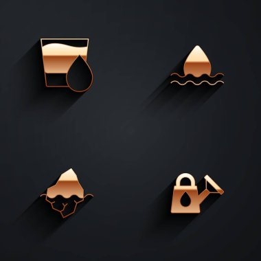 Bardağı suyla, su damlasıyla, buzdağıyla ve uzun gölgeli sulama ikonuyla hazırla. Vektör