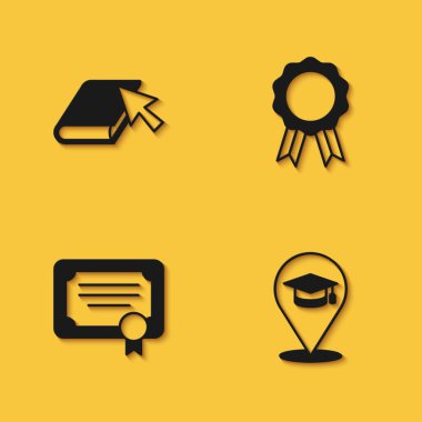 Çevrimiçi kitap, eğitim, sertifika şablonu ve uzun gölgeli diploma simgesi ayarla. Vektör