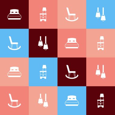 Pop sanatını hazırla büyük yatak, lambalı mobilya sehpası, Kol sandalyesi ve lamba asılı ikonu. Vektör