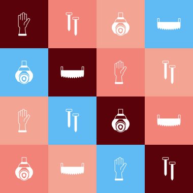 Pop sanat koruyucu eldivenler, metal tırnaklar, vinç tutacağı kütük ve iki elli testere ikonu. Vektör