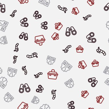 Motorlu şişme bot, dürbün, balıkçı ceketi ve balık tutma ekipmanları için kusursuz desenli çanta ayarlayın. Vektör