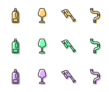 Temizlik için çizgi fırçası, şişe deterjanı, şarap kadehi ve endüstriyel metalik boru ikonu. Vektör