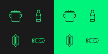 Salami sosisi, Hotdog, tencere ve bir şişe şarap ikonu. Vektör