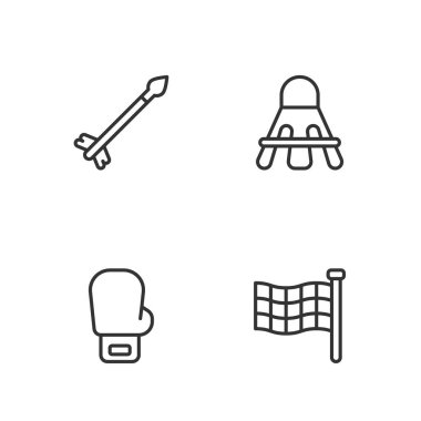 Damalı bayrak, boks eldiveni, ortaçağ okları ve Badminton mekik siki ikonu. Vektör
