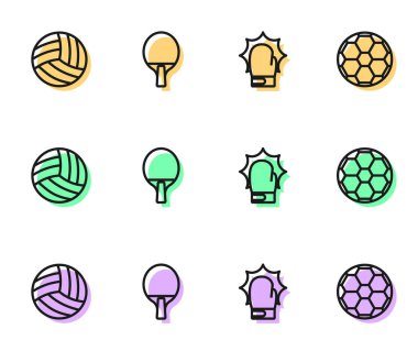 Boks eldivenlerinde çizgi yumruğu, voleybol, raket ve futbol ikonu. Vektör
