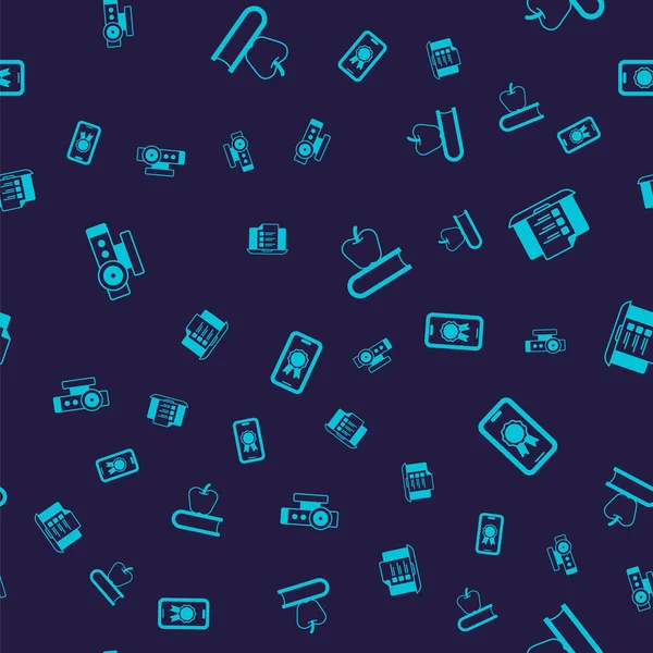 Web kamerası, çevrimiçi sınav, test, inceleme, kusursuz şablon üzerine elma ve eğitim diploması olan bir kitap ayarla. Vektör