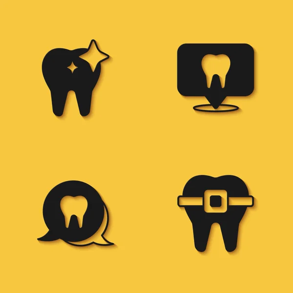 Zestaw Wybielanie Zębów Zęby Aparatem Ortodontycznym Ikona Lokalizacji Kliniki Dentystycznej — Wektor stockowy