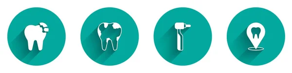 Set Dientes Rotos Taladro Dental Icono Ubicación Clínica Dental Con — Vector de stock