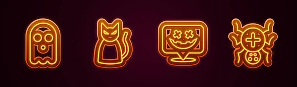 Definir Linha Fantasma Gato Preto Feliz Feriado Halloween Aranha Ícone — Vetor de Stock