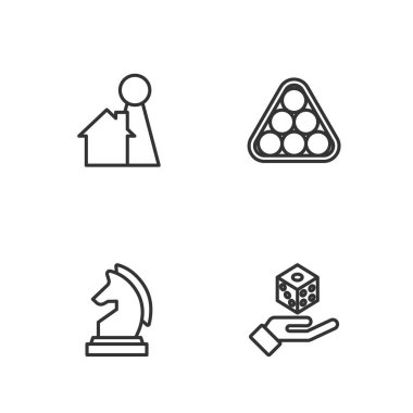 Satranç zarları, satranç, masa oyunu için çip ve üçgen simgesinde bilardo toplarını ayarla. Vektör