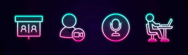 Ustaw Linię Video Czat Konferencyjny Mikrofon Freelancer Świecąca Neonowa Ikona — Wektor stockowy