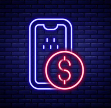 Parlayan neon hattı Mobil bankacılık simgesi tuğla duvar arka planında izole edildi. Cep telefonu ekranına cep telefonu bankacılığı yoluyla para aktar. Renkli taslak konsepti. Vektör