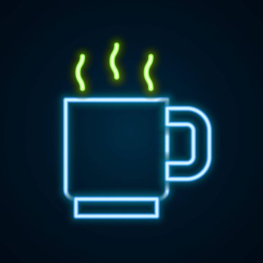 Parlayan neon hattı kahve fincanı simgesi siyah arka planda izole edilmiş. Çay fincanı. Sıcak içecek kahvesi. Renkli taslak konsepti. Vektör