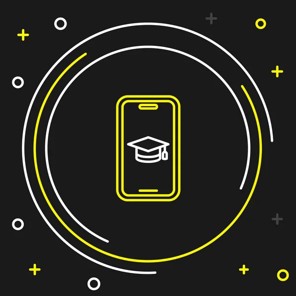 Ligne Graduation cap sur écran icône smartphone isolé sur fond noir. Concept d'apprentissage en ligne ou d'apprentissage en ligne. Concept de contour coloré. Vecteur — Image vectorielle