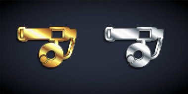 Altın ve gümüş balıkçı oltası simgesi siyah arkaplanda izole edilmiş. Büyük bir balık yakala. Balıkçılık ekipmanları ve balık çiftliği konuları. Uzun gölge tarzı. Vektör