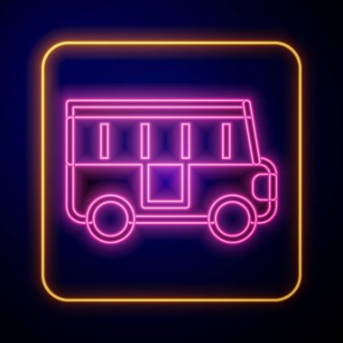 Parlayan neon okul servisi simgesi siyah arkaplanda izole edildi. Toplu taşıma sembolü. Vektör