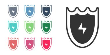 Siyah Yıldırım ve kalkan simgesi beyaz arkaplanda izole edildi. Yüksek voltaj kalkanı. Güvenli enerji. Simgeleri renklendirin. Vektör