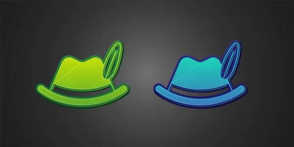 Zielono-niebieska ikona kapelusza Oktoberfest na czarnym tle. Kapelusz myśliwego z piórem. Niemiecki kapelusz. Wektor — Wektor stockowy