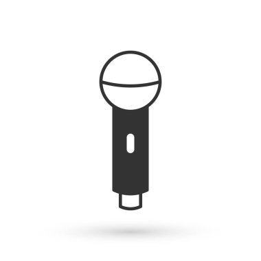 Beyaz arka planda gri mikrofon simgesi izole edildi. Radyodaki mikrofondan. Sözcü işareti. Vektör