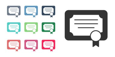 Beyaz arkaplanda siyah sertifika şablon simgesi izole edildi. Başarı, ödül, diploma, burs, diploma kavramları. Simgeleri renklendirin. Vektör