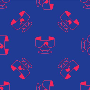 Kırmızı 360 derecelik görüntü simgesi mavi arkaplanda izole edilmiş pürüzsüz desen. Sanal gerçeklik. 360 derecelik açıyla. Panorama fotoğrafı. Vektör