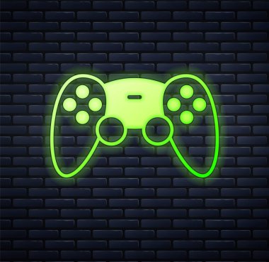 Parlayan neon oyun denetleyici ya da oyun konsolu simgesi için joystick tuğla duvar arka planında izole. Vektör