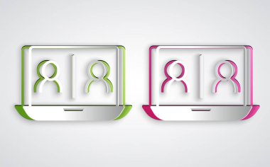 Kağıt kesme Görüntü sohbet konferansı simgesi gri arkaplanda izole edildi. Çevrimiçi iş görüşmesi formu. Uzak proje yönetimi. Kağıt sanatı tarzı. Vektör