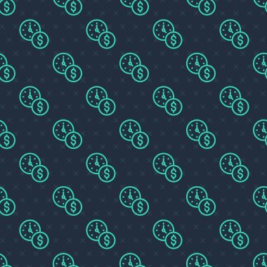 Yeşil Çizgi Saati para simgesi mavi arka planda izole edilmiş pürüzsüz desen. Para zamandır. Etkili zaman yönetimi. Zamanı paraya çevir. Vektör