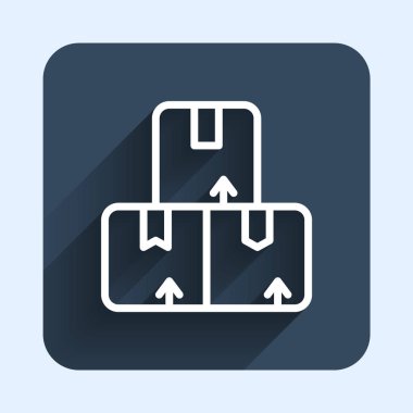 Beyaz çizgi karton kutu simgesi uzun gölge arkaplan izole. Kutu, paket, paket işareti. Teslimat ve ambalaj. Mavi kare düğme. Vektör