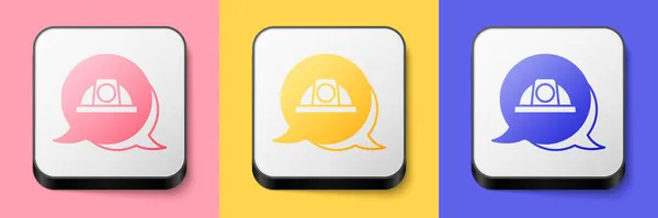 Isométrico ícone capacete de segurança Trabalhador isolado no fundo rosa, amarelo e azul. Botão quadrado. Vetor — Vetor de Stock
