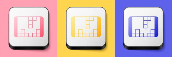 Isometrische tragbare Videospielkonsole Icon isoliert auf rosa, gelb und blau Hintergrund. Handheld-Konsolenspiele. Quadratische Taste. Vektor — Stockvektor