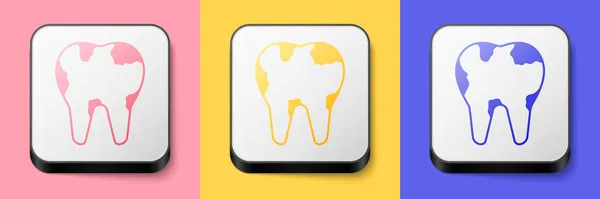 Isometryczna ikona złamanego zęba wyizolowana na różowym, żółtym i niebieskim tle. Ikona problemów dentystycznych. Symbol opieki dentystycznej. Kwadratowy. Wektor — Wektor stockowy