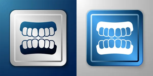 White Dentures model icon isolated on blue and grey background. Teeth of the upper jaw. Dental concept. Silver and blue square button. Vector — Stock Vector